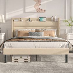 Full Size Bed Frame With Charging Station, Type-C & USB Ports, Linen Upholstered Full Bed Frame With Wingback Storage Headboard Shelf Heavy D