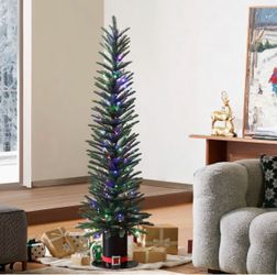 Brand New!5.5Ft Pre-Lit Green Artificial PE Tree 10 Lighting Modes Christmas Tree with Tophat Pot - 66" H x 19.7" Diameter,AP2057