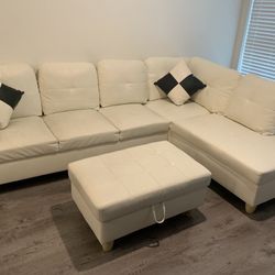 White Leather Sectional Sofa Couch With Storage Ottoman And Pillows New In Packaging 