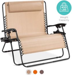 2 Seater Adjustable Folding Steel Mesh Recliner Chair with Cup Holders, Beige