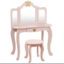 Costway Kids Makeup Dressing Table Chair Set Princess Vanity & Tri-folding Mirror Pink