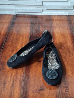 Tory Burch Reva Ballet Flats Black Suede Logo Medallion Women’s 7.5