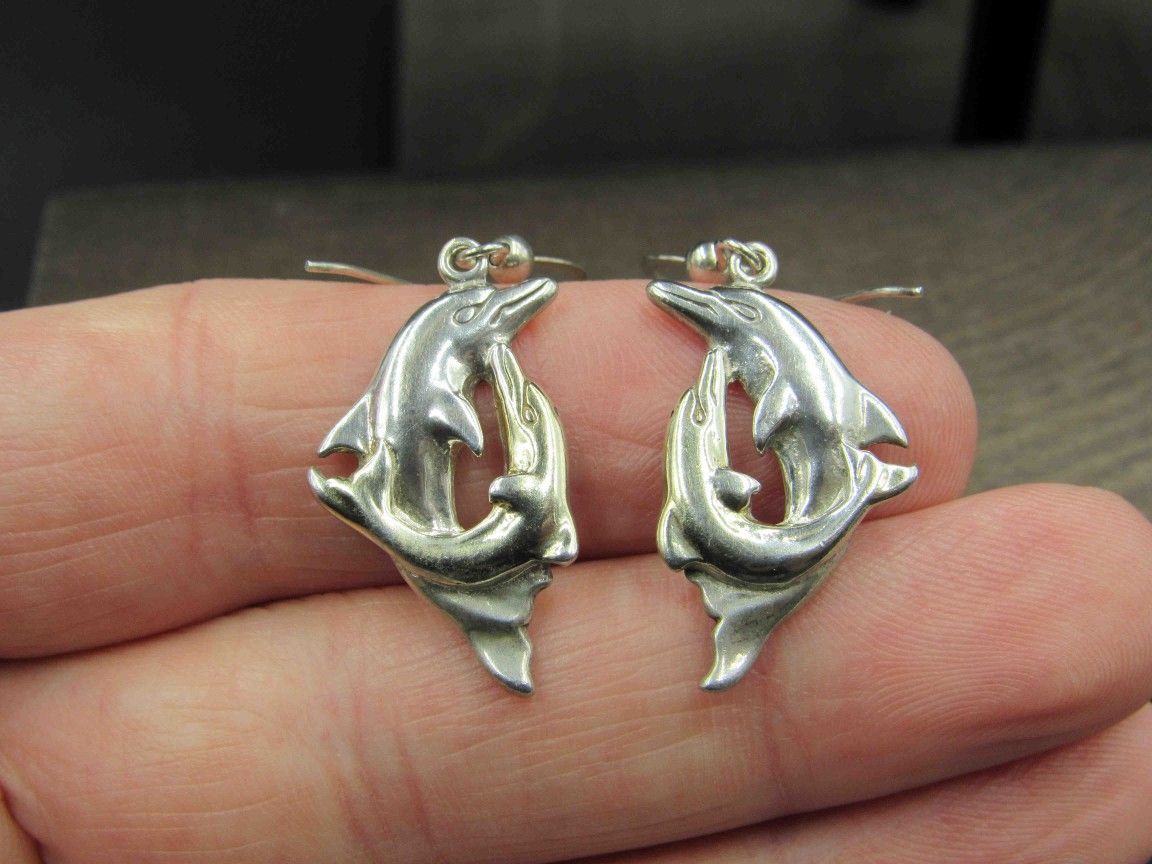 Sterling Silver Two Dolphins Jumping Earrings Vintage Wedding Engagement Anniversary Beautiful Everyday Minimalist Ornate Special