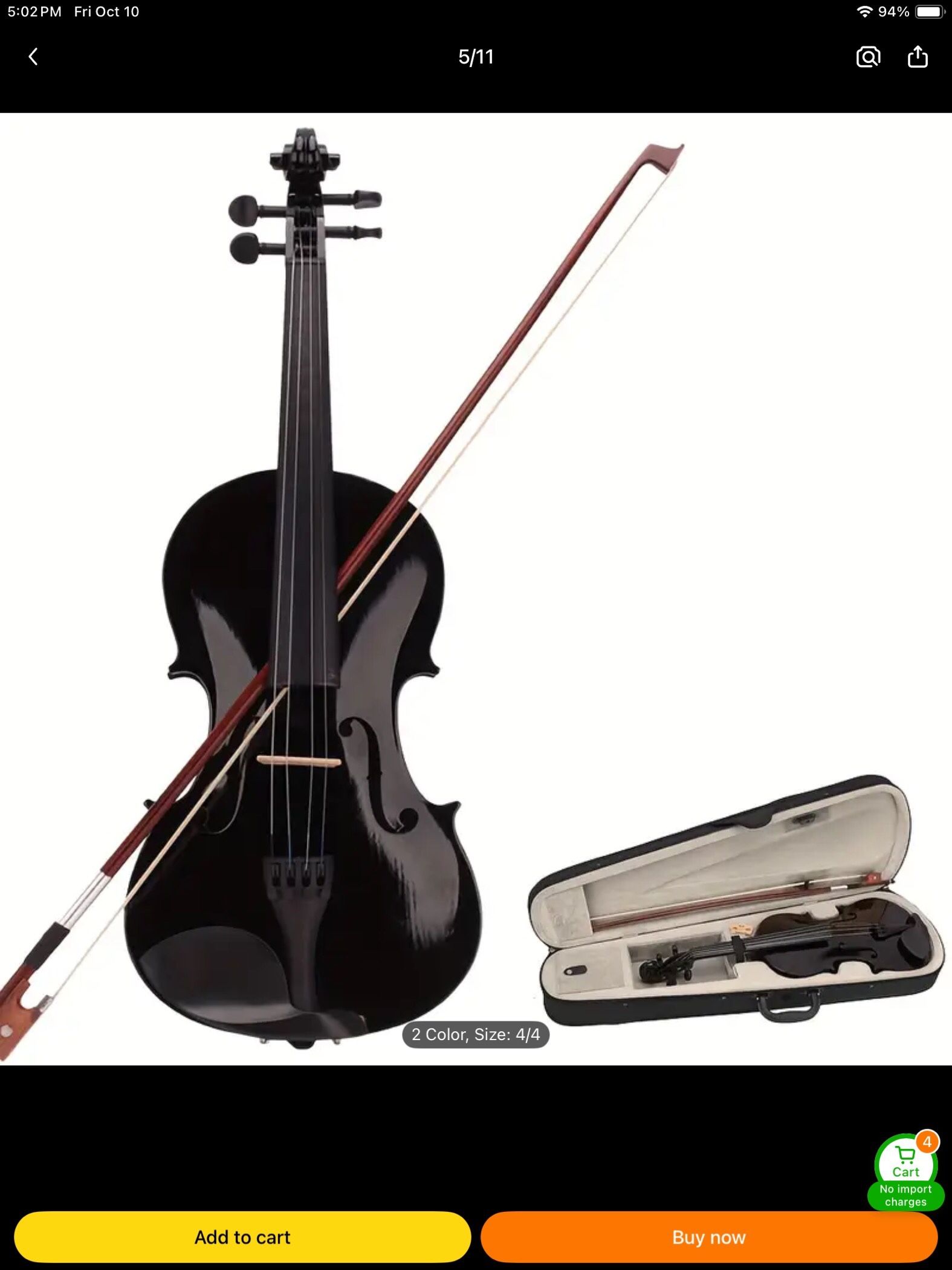 Beginners Full size 4/4 Black Violin with case, bow rosin