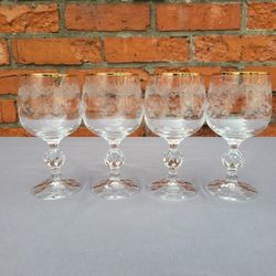 Bohemia Gold Vintage Etched Queen’s Lace Crystalex Wine Glasses 8oz. Set Of 4.