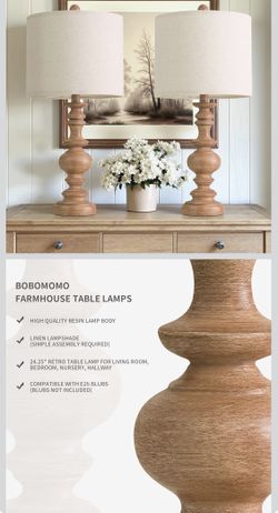 24" Farmhouse Table Lamps Set of 2 – Rustic Light Brown Resin Bedside Lamps with Linen Shades, Medium Size Nightstand Lamps for Bedroom, Living Room, 