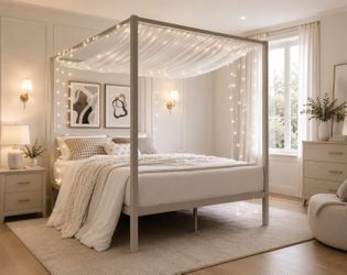 Queen bed Size Metal Canopy Platform Bed Frame with Heavy Duty Build
Modern Four-Poster, Under-Bed Storage, EVA Noise Sponge , Mattress Foundation, No