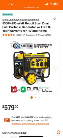 BRAND NEW Champion Power Equipment 5300/4250-Watt Recoil Start Dual Fuel Portable Generator w/ Free 3-Year Warranty for RV and Home