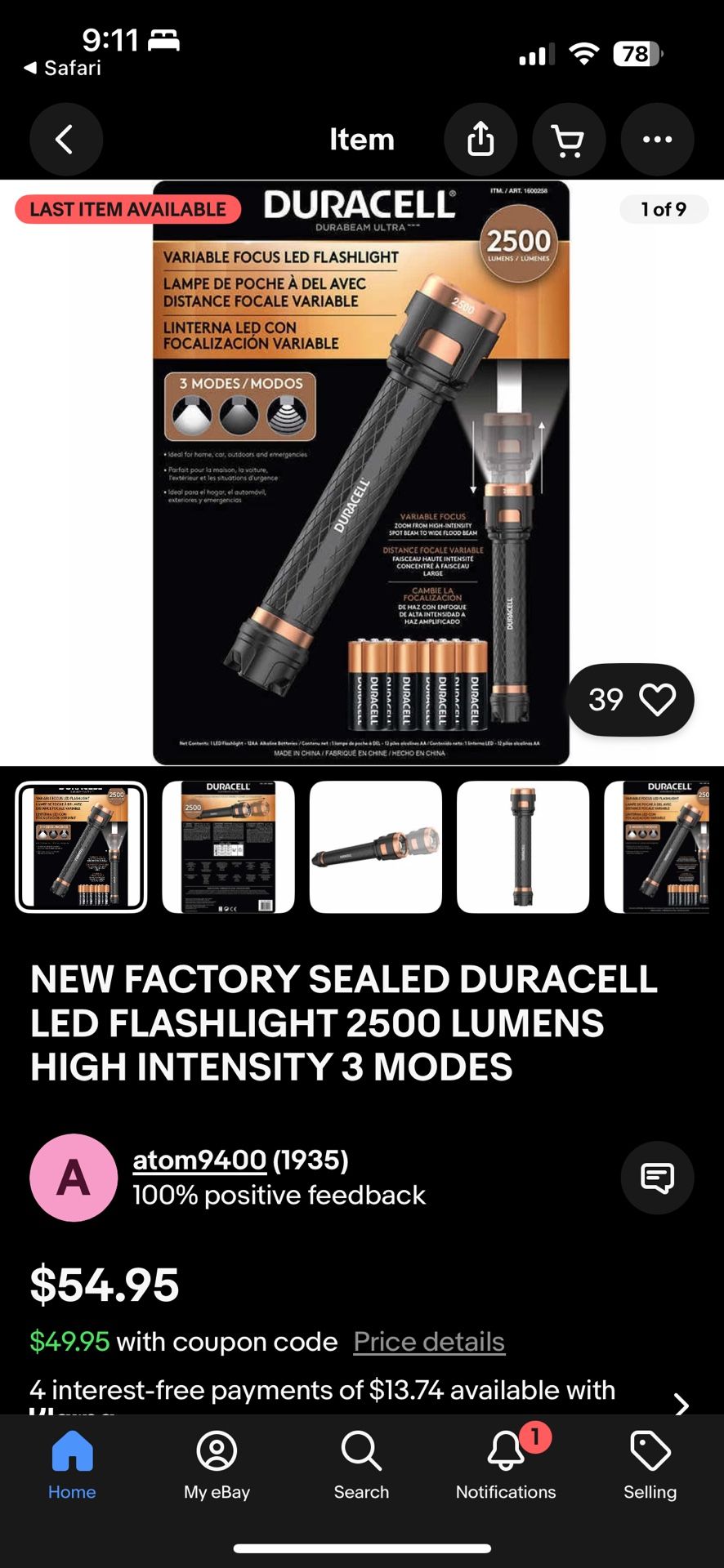 Duracell 2500 Lumen Flashlight 3 Modes