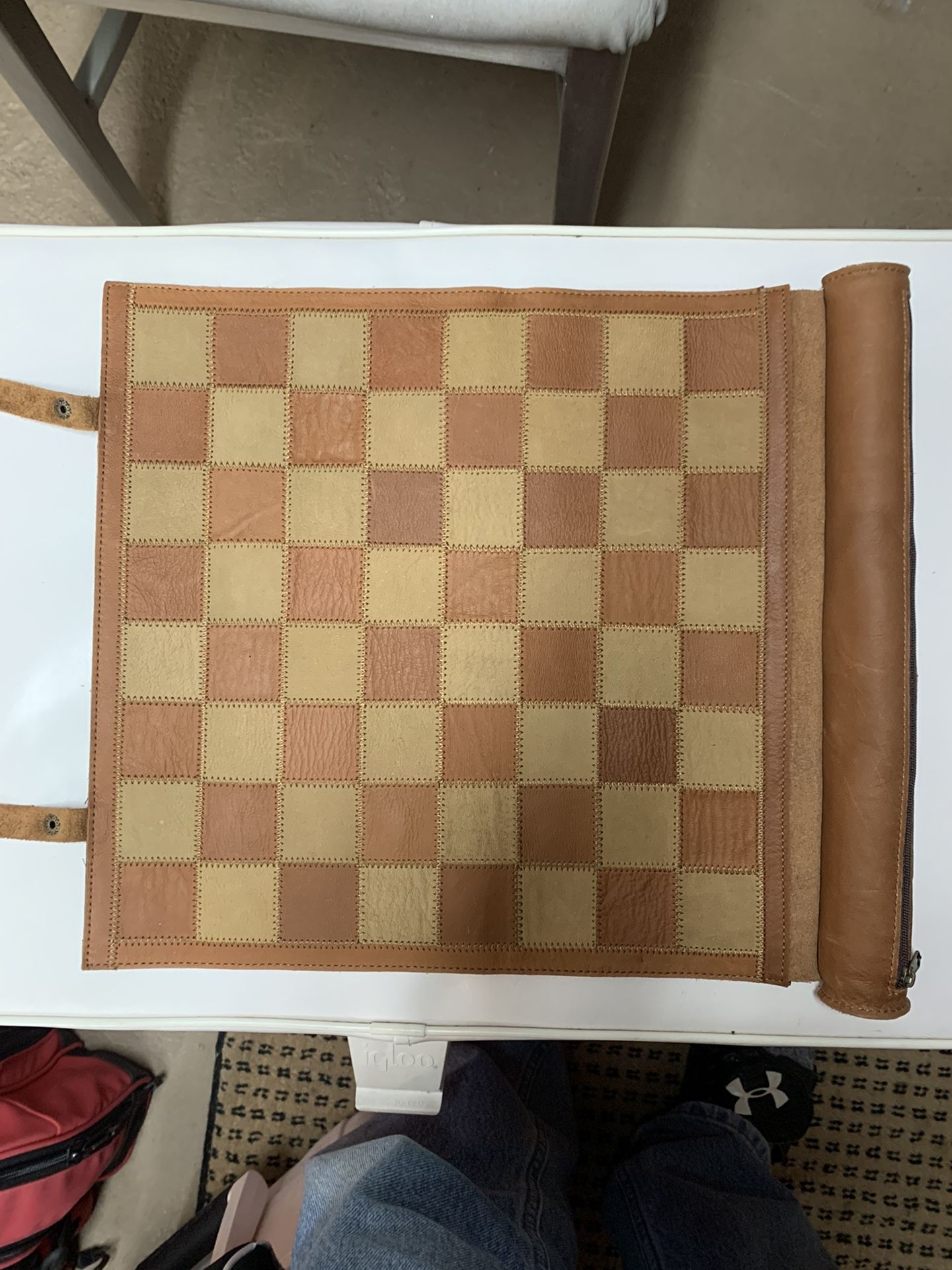 Chess And Checkers Rolled Up In nice rolled up leather pouch And Playing Cards