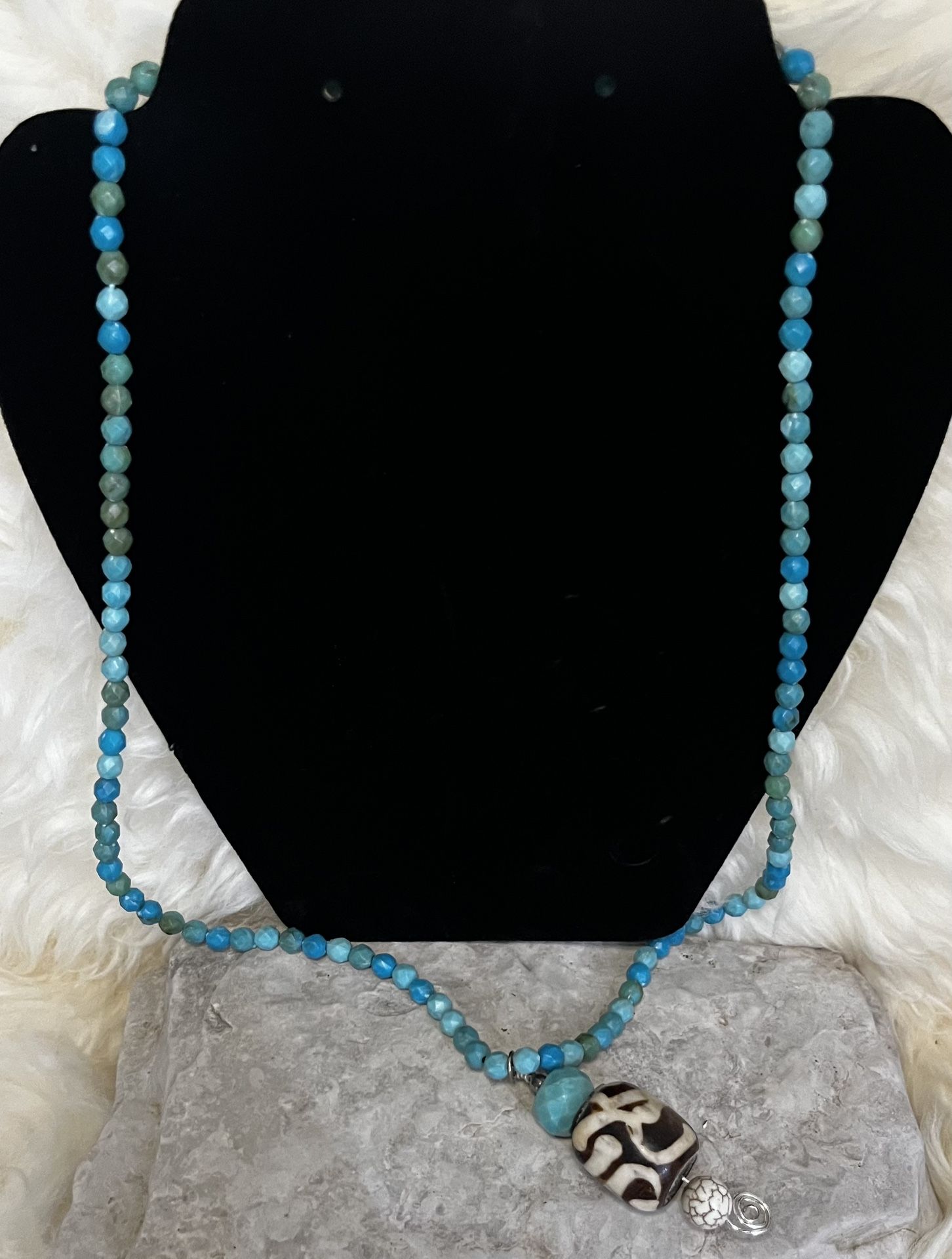Faux Turquoise Necklace With Wood Pendant