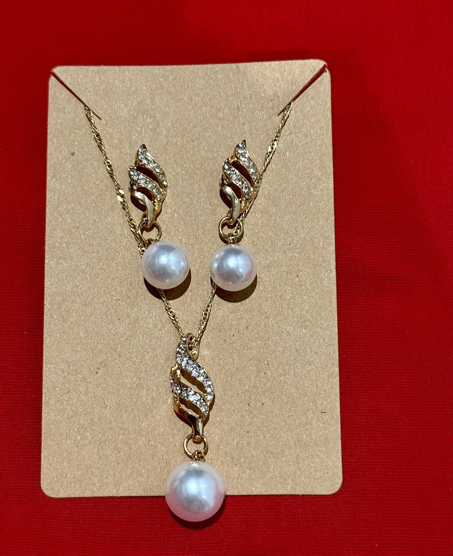 New! Gold Platinum Plated Pearl Jewelry Necklace Earrings set