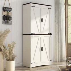 #B 71" Tall Kitchen Pantry,Farmhouse Storage Cabinet with Adjustable Shelves,Load-Bearing Steel Pipe,Farmhouse Pantry Cabinet with 4 Barn Doors,for Ki
