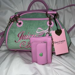 Juicy Couture Retro Strawberry Retro Green Bowler Satchel Bag Coin Purse Terry