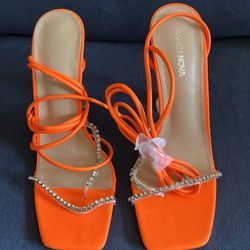 Orange New Women Lace Up Heeled Sandals Rhinestones Straps Open Toe Clear Stiletto Heel