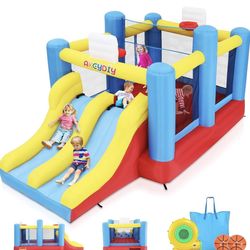 Inflatable Bounce House, Outdoor Indoor Bouncy House with Blower for Kids, Sports Ball Game Theme Park Bouncer w/Double Slide, Large Bounce Area, 2 Ba