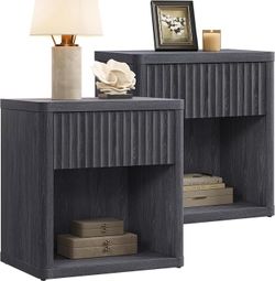 Sicotas Set of 2 Nightstands with Drawer Storage Fluted Bed Side Table End Table Large Modern Wide Bedside Mid Century Night Stands for Bedroom Living