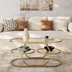 40" Glass Coffee Table with Metal Frame, Storage Living Room Table for Home, Sturdy, Tempered Glass, Easy to Assemble, Gold
