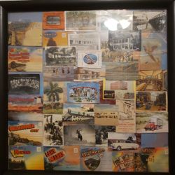 Assortment of vintage postcards in a frame $45