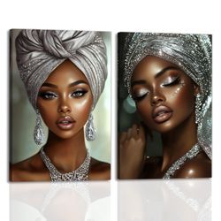 NEW 2-Piece Black Woman Portrait Canvas Wall Art – Silver Tones, 16” × 24” Each