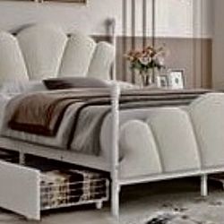 Beautiful Queen Size Upholstered Headboard, Footboard, Bed Frame & Pullout Drawers