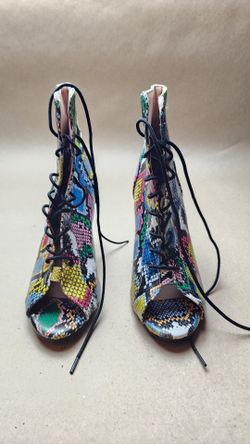 Multi-Color Snakeskin Print Lace-Up Peep Toe High Heel Boots Size 38