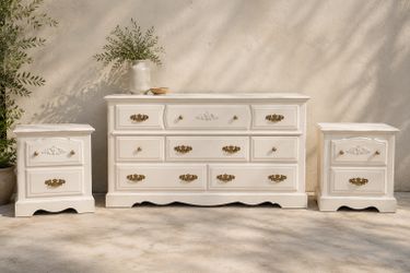 Cottage White Bedroom Set | Solid Wood Dresser & Matching Nightstands