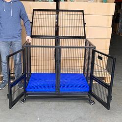 BRAND NEW $160 Heavy-Duty Dog Cage Crate 37x25x33” Double-Door Folding Kennel w/ Divider, Tray, Wheels