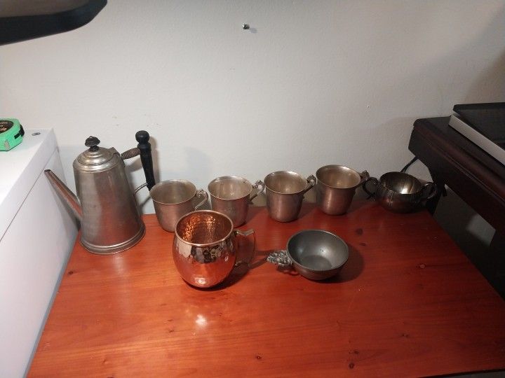 Assortment Of Silver Plated Cups,100 Perc.Copper Cup, Antique Tea Brewer,Silver Bowl+Pewter Bowl