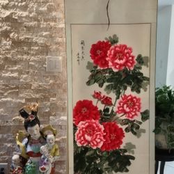 Large Emakimoni -Originally Hand-painted Chinese Traditional Art Ink Painting-Peony Flower. Size:72” Large x 27.5 Wide.”