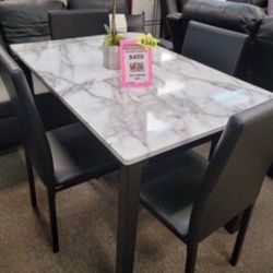5-pc Dining Table Set With Black Faux Leather Upholstery