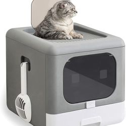 Top Entry Cat Litter Box with Lid,Foldable Litter Box with Cat Plastic Scoop,Extra Large Space,Drawer Structure,Closed Smell Proof Anti-Splashing,Spli