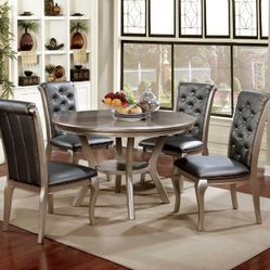Brand New Champagne Finish 5pc Round Dining Table Set 