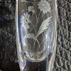 Signed Lindshammar Swedish Crystal Vase - Hand Engraved Floral