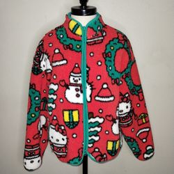 Hello Kitty Long Sleeve Full Zip Fleece Holiday Print Red Women's Size S/M EUC