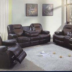 Brown Leather Fully Reclining Three Piece Couch Set