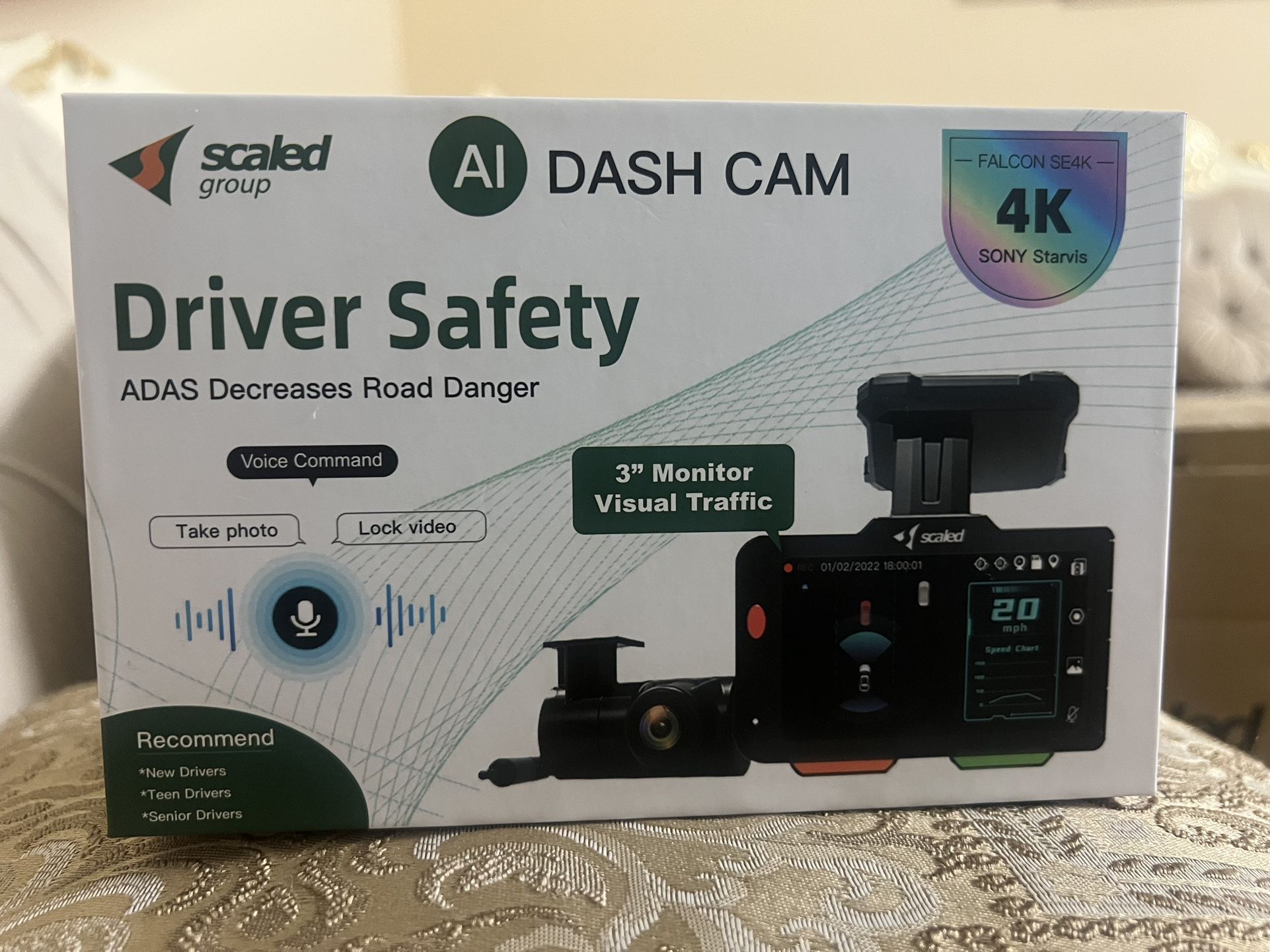 Scaled AI Dashcam,FALCONSE4K, 4K Dash Cam Front and Rear, 7 ADAS Functions, 10 Voice Commands, Free APP, Free 64G SD Card, Car Dash Camera with GPS/Wi