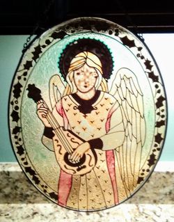 Reduced!! Textured Glass Angel Playing An Instrument Suncatcher