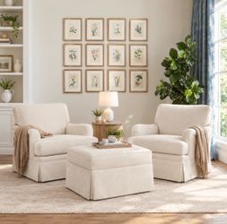 3 pieces - Warm Linen swivel fabric accent chairs with storage ottoman