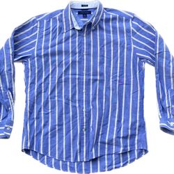Tommy Hilfiger Dress Shirt Long Sleeve Blue Yellow Stripe Slim Fit Large L
