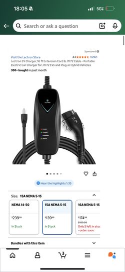 Lectron EV Charger, 16 ft Extension Cord & J1772 Cable - Portable Electric Car Charger for J1772 EVs and Plug-in Hybrid Vehicles