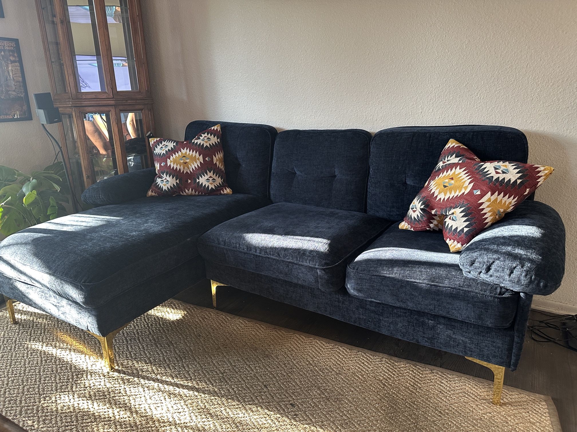Blue Upholstered 3 Seat Seat Sectional Couch