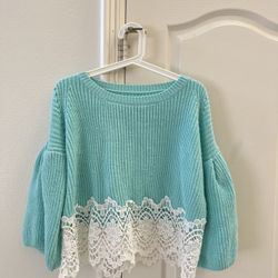 Aqua Lace-Hem Pullover Sweater