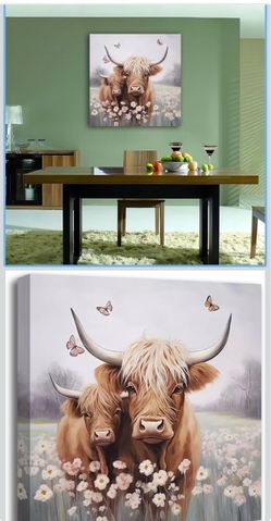 Anolyfi Bathroom Highland Cow Wall Art Rustic Farmhouse Picture Animal Canvas Print Painting, Nature Flower Bush Landscape Abstract Artwork Framed for