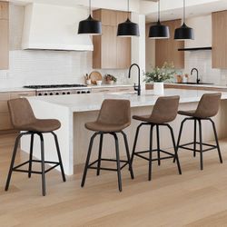 Set of 4 Swivel Bar Stools, 26 Inch Counter Height Bar Stools, Faux Leather with Enlarged Seats, Vintage Brown