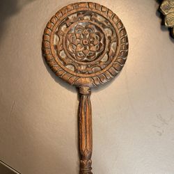 13” Antique Wooden Fine Hand Carved Floral Work Hand Mirror Old Wood face Mirror