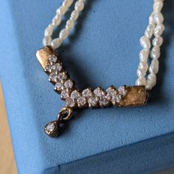 Vintage Japanese Freshwater Rice Pearls Necklace w Rhinestone Pendant Gold-Plated 20". Stunning Classy! 
