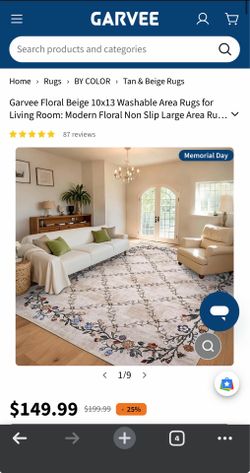 Garvee Floral Beige 9x12 Washable Area Rugs for Living Room: Modern Floral Non Slip Large Area Rugs for Bedroom, Large Machine Washable Living Room Lo