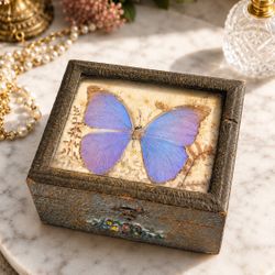 Vintage Blue Morpho Butterfly Jewelry Trinket Keepsake Box Collectible Wooden Handcarved Hinge 