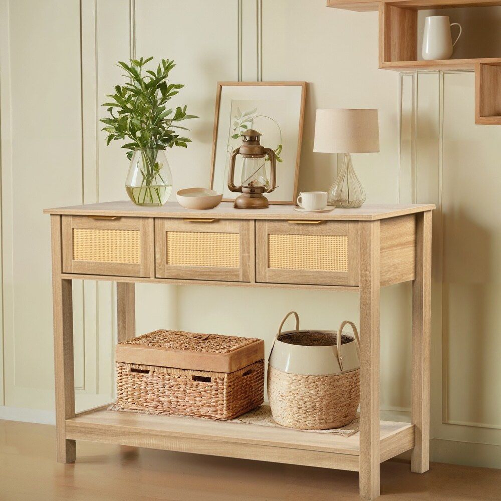 Farmhouse Wood Oak 47.2-in W x 31.5-in H Console table with Drawers